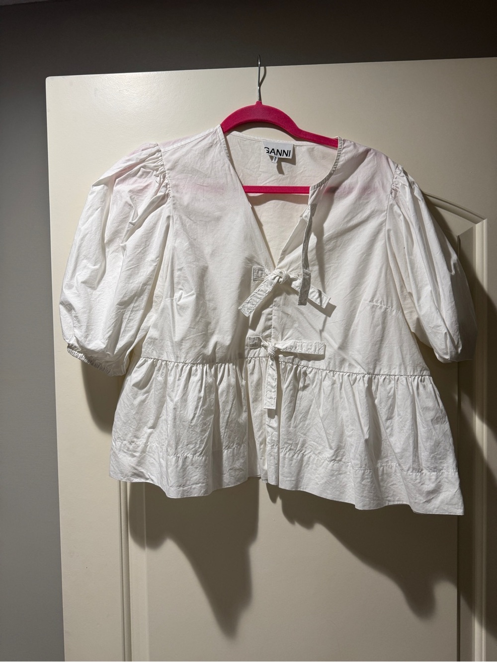 Ganni White Cotton Peplum Tie-Front Blouse with Puff Sleeves